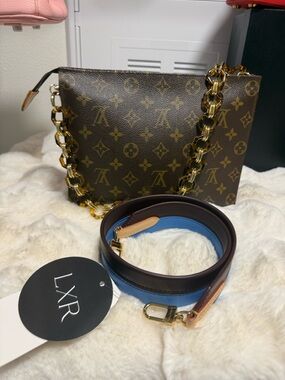 Louis Vuitton Brown Monogram Pouch with Blue Strap and Gold Chain